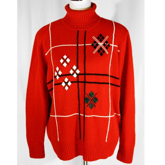 Vintage Tanjay Diamond Plaid Argyle Embroidered Turtleneck Sweater Red 1980s Lg - Picture 1 of 4